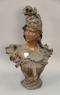Ant Nelson (1880-1910), white metal, art nouveau bust of a young woman, "Femme Aux Iris", signed on verso: Ant Nelson Paris. ht. 27in.