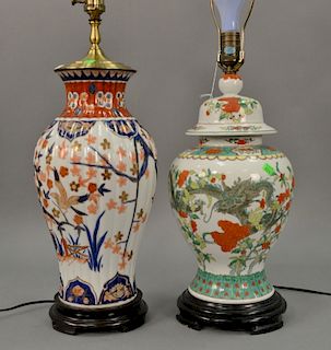 Two Asian porcelain table lamps, Imasia and Famille Rose style. total ht. 30 1/2in.