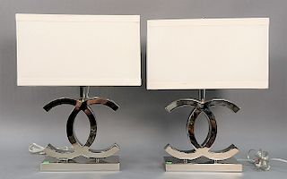 Pair of Chanel table lamps, stainless steel, with large CC design, Coco Chanel. ht. 25in.