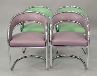 Four Thonet style, open back, chrome and leather chairs.