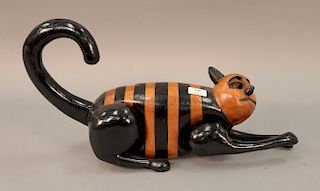 Gregory Gorby (b. 1933), Carved Crouching Cat, signed and dated on bottom: Gorby 8/9/79. lg. 22in.