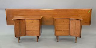 Three piece lot to include pair of Helen Tobey Baker end tables and king size headboard. end tables: ht. 26 1/2in., wd. 29 1/2in., d...