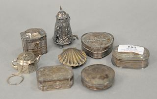 Eight silver pieces to include miniature coffee pot, tea strainer, and six miniature boxes. hts. 1/2in. to 2 3/4in., 7.1 total troy ...