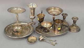 Sterling silver lot to include two plates, sugar and creamer, pourer, cup, two small ladles, and four weighted pieces, 28 weighable ...