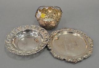 Three piece silver lot to include bowl with handle (dia. 4 1/2in.) and two small plates. 11.6 total troy ounces