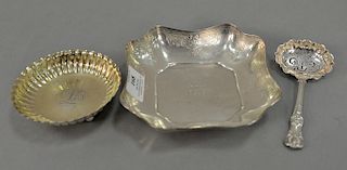 Tiffany & Co. three piece lot to include strainer spoon, square dish, and round dish, all marked Tiffany & Co. square dish: 6 1/4in....