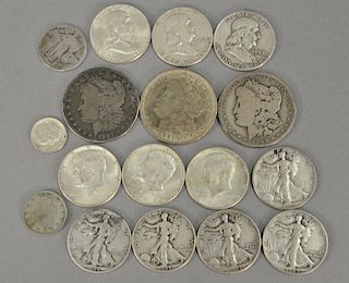 Eleven piece total lot of silver coins, three Morgan silver dollars, 11 half dollars, one quarter, one dime, and one V nickel.