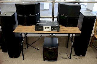 Nine piece lot to include seven Klipsch speakers, one Velodyne DLS Subwoofer, and one Monster Power Home Theatre Power Center. talle...