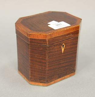 Early tea box flamed mahogany with banded inlaid edges. ht. 5in.
