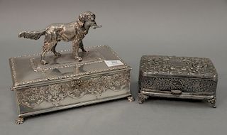 Two piece lot to include Victorian silverplate humidor with dog and a silverplate sewing box. hts. 8in. and 3in., wds. 10in. and 6 1/2in.