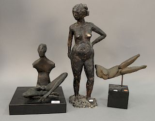Three nude sculptures to include bronze sculpture, Seated Male Nude, mounted on base (ht. 10 1/4in.); plaster sculpture, Standing Fe...