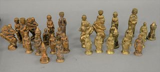 Chess set with bronze and heavy brass figures (hts. 2 1/4in to 3 1/2in.)