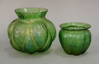 Two Loetz green art glass vases to include a spiral optisch and a small iridescent vase. hts. 4 3/4in. and 3in.