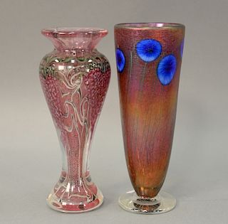 Two art glass vases to include Robert Held art glass vase, ruby red with blue purple flowers on clear fluted base (ht. 11in.) and a ...
