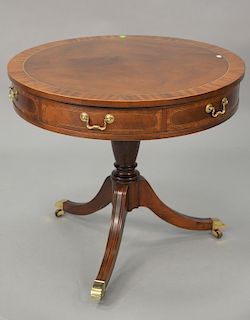 Baker drum table having two drawers and inlaid top. ht. 28in., dia. 31in.
