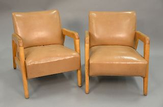 Pair of early 1950's Thonet leather lounge chairs with maple arms, for Heywood Wakefield, 1950's USA.