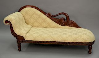 Mahogany upholstered chaise with carved swan. lg. 72in.