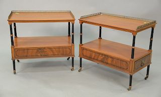 Pair of Beacon Hill side tables with brass galleries and drawer. ht. 25 1/2in., top: 15 1/2" x 27"