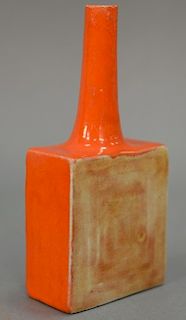 Guido Gambone (1909-1969), orange painted and glazed vase, having square body with a long slender neck, signed: Gambone Italy on bot...