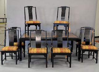Century Furniture ten piece dining set to include eight chairs with custom cushions, table with elm wood top, table pads, and two 18...