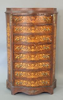 Marquetry inlaid eight drawer tall chest (minor chips in veneer). ht. 63in., wd. 39in., dp. 15in.