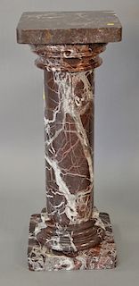 Marble pedestal, maroon with white and grey veins, top with professional repair. ht. 37 1/2" top: 14 1/2" x 14 1/2"
