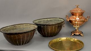Three piece copper lot to include two large embossed bowls and pot with spigot (ht. 17in.)