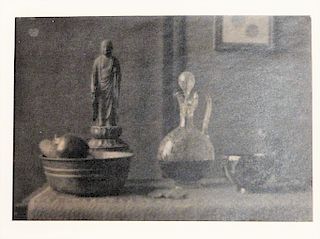 Paul J Woolf (1899-1985), platinum print, "Still Life with Standing Buddha Sculpture and Decanter", circa 1930, verso inscribed with...