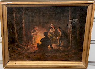 Oil on canvas, Four Men in Woods Around Campfire, signed lower right: C.E.B. (tear top right)