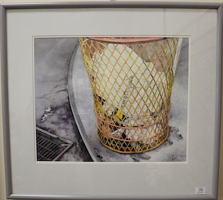 J Flynn, watercolor, Trash Can on the Street with Dean and Deluca bag in it, signed and dated lower right: J Flynn 91, sight size: 1...