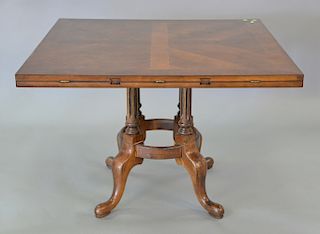 Fruitwood pedestal dining table, square, opening to round. ht. 30in. square: 42 1/2in., open round: 60in.