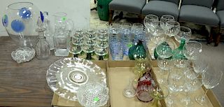 Seven tray lots of glass to include red and white stems, cut glass dishes, decanters, art glass vase, goblets, cordials, Venetian st...