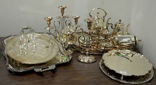 Group of silverplate to include large trays, tea set, candelabras, etc.