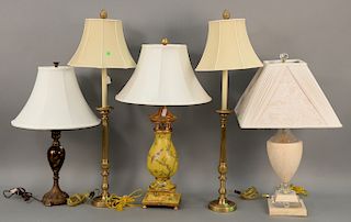 Five Contemporary table lamps to include a pair of brass candlestick lamps. ht. 30in. to 41in.