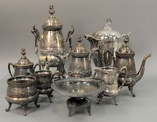 Nine piece silverplate lot with seven piece tea and coffee set, George Bechtel insulated pot, and compote 19th century. ht. 5 1/2 in...