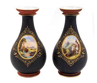 A Pair of Continental Painted Porcelain Vases Height 13 inches.