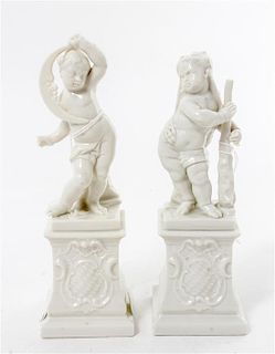 A Pair of Nymphenburg Blanc-de-Chine Porcelain Figures Height of taller 7 inches.