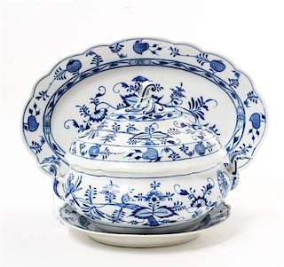 * A Blue Onion Style Porcelain Tureen Length of serving tray 17 1/2 inches.