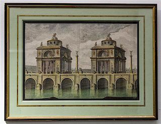 A Continental Hand-Colored Engraving Height of frame 17 1/2 x width 22 1/2 inches.
