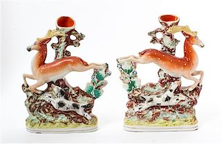 * A Pair of Staffordshire Spill Vases Height 11 1/2 inches.
