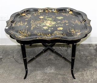 * A Victorian Lacquered Tray Width 32 inches.