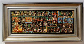 A Mexican Enameled Metal Plaque Height 8 x width 20 inches.