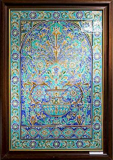 A Group of Middle Eastern Pottery Tiles Framed 40 3/4 x 29 inches.