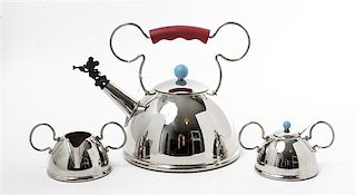 A Stainless Steel Partial Tea Service Height of kettle 9 x width 11 3/4 inches.