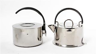 Two Stainless Steel Kettles Height of taller example 8 1/4 x width 8 1/8 inches.