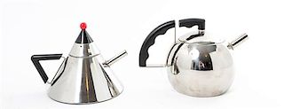 Two Stainless Steel Teapots Height of taller 5 5/8 x width 8 1/2 inches.