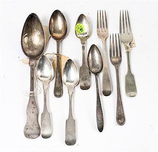A Collection of Silver Flatware Articles, various makers, comprising a George III silver Old English form fork marked Thomas Wal