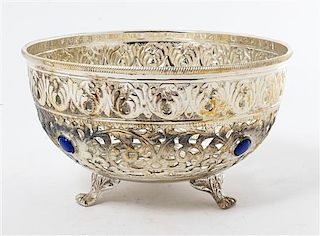 A Pakistani Hardstone Mounted Silvered Metal Bowl, , of circular footed form with pierced decoration, together with a fitted box