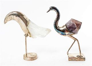 Two Italian Silver and Mineral Mounted Models of Birds, 20th Century,