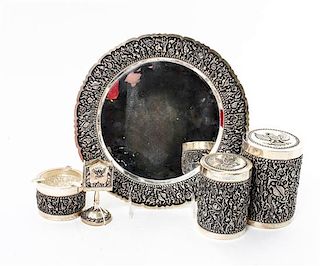 A Silver Mounted Smoking Set, , comprising a circular tray, ash receiver, match holder, tobacco jar and cigarette jar, all conta